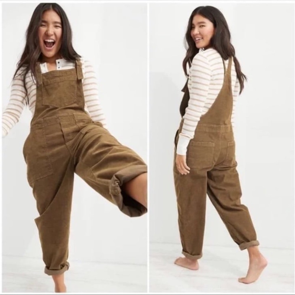 Aerie Werk & Play Corduroy Overalls Cuff bottom Size Small Brown Tan Farmhouse